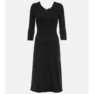 NWT $800 Wolford V Neck Merino Rib Midi Dress Black XS Luxury Business Career